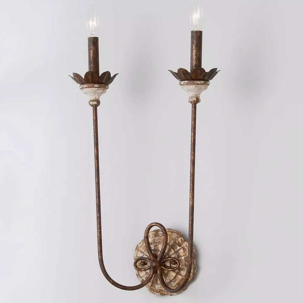 Rustic French Country 2-Light Wall Sconce Distressed Wood Aged Gold | Brand New